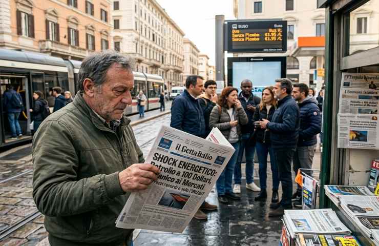 Cittadino legge un giornale con titolo sullo shock energetico e il petrolio a 100 dollari presso un'edicola diurna con cartellone dei prezzi benzina elevati sullo sfondo.