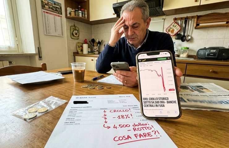 Un uomo preoccupato seduto al tavolo della cucina guarda lo schermo del suo smartphone che mostra un grafico finanziario in forte discesa con la scritta "CROLLO ORO OGGI". Sul tavolo ci sono monete d'oro sparse e documenti bancari. La scena è illuminata da luce naturale.
