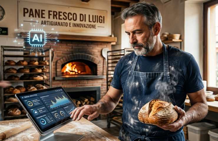 Ritratto autentico di un panettiere artigianale italiano che tiene una pagnotta calda mentre usa un tablet con analisi data e ottimizzazione dei costi basate sull'IA, ambientato in una panetteria tradizionale con un forno in pietra a Bologna nel marzo 2026.