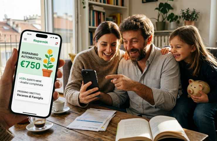 Primo piano di uno smartphone con app di risparmio IA che mostra 750 euro recuperati, su un tavolo con caffè e bollette e famiglia felice.