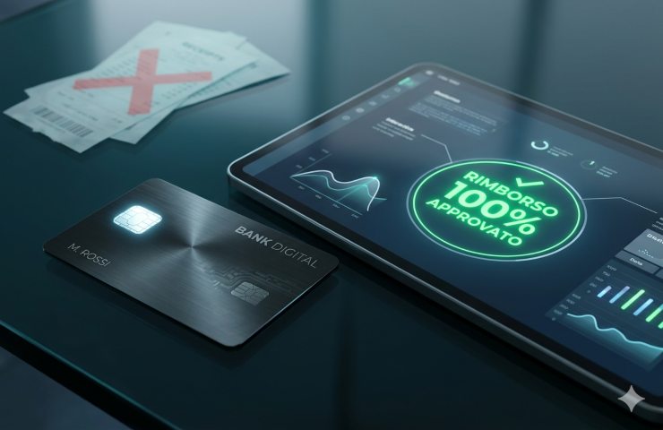 Vista dall'alto di una carta di credito metallica e un tablet con la scritta Rimborso 100% Approvato, simbolo della transizione dai vecchi scontrini cartacei ai rimborsi tracciabili del Bonus 2026.