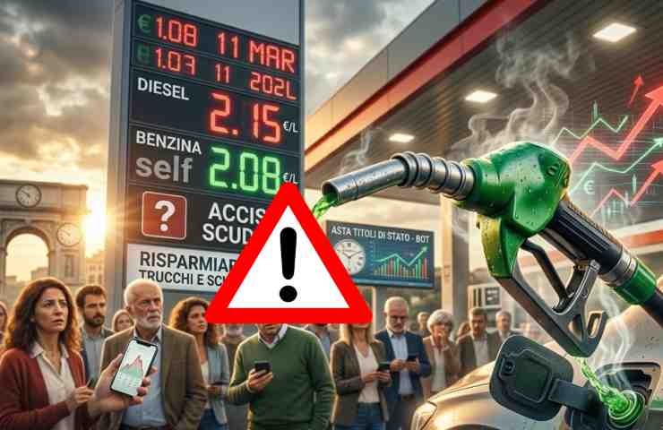 Grafica informativa per Google Discover sul prezzo di benzina e diesel oltre i 2 euro l'11 marzo, con folla a Roma in attesa di notizie dal Governo sulle accise.