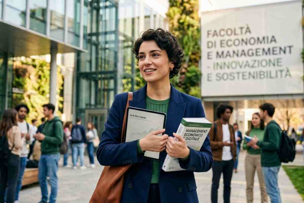Studentessa di Economia e Management 2026 in un campus moderno con tablet che mostra grafici AI e sostenibilità.