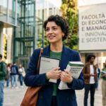 Studentessa di Economia e Management 2026 in un campus moderno con tablet che mostra grafici AI e sostenibilità.