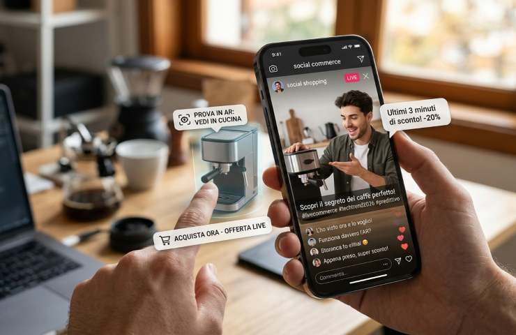 Live shopping 2026: utente acquista macchina caffè tramite AR e influencer su smartphone.