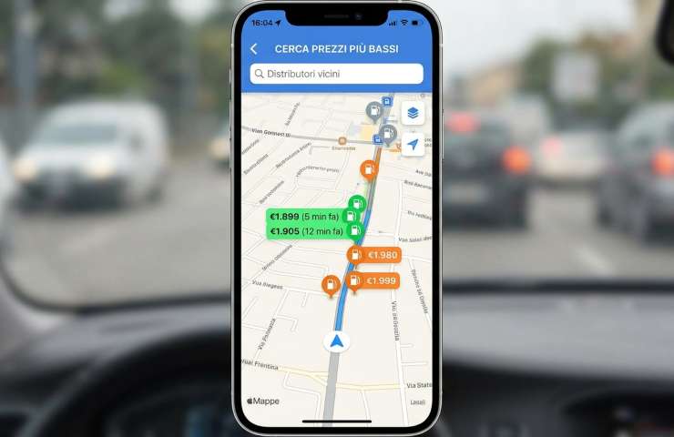 App per smartphone che mostra la mappa dei distributori di carburante più convenienti con prezzi in tempo reale.