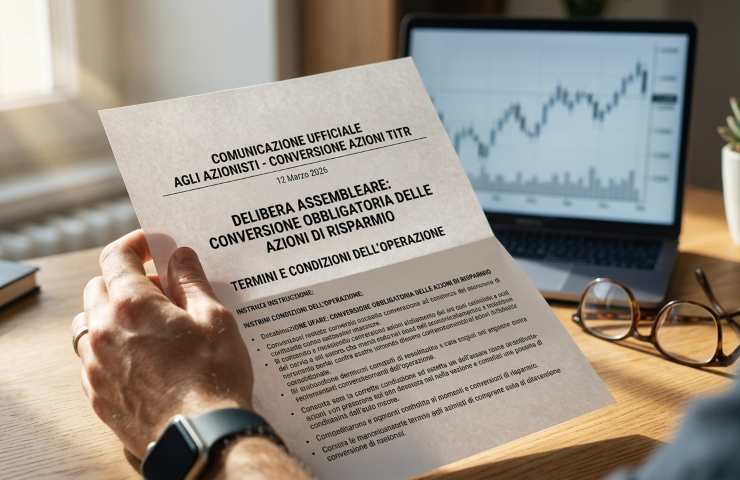 Documento ufficiale di comunicazione agli azionisti per la conversione obbligatoria delle azioni Telecom Risparmio su scrivania con laptop e grafici finanziari.