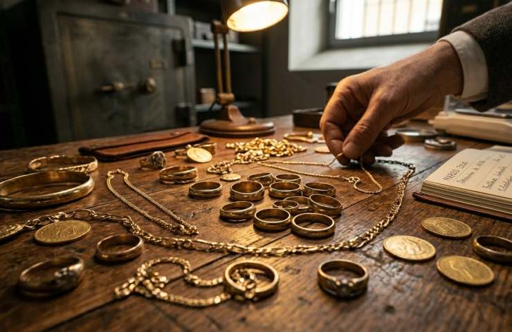 Gioielli d'oro usati come fedi, catenine e monete stesi su un tavolo per la valutazione in un compro oro.