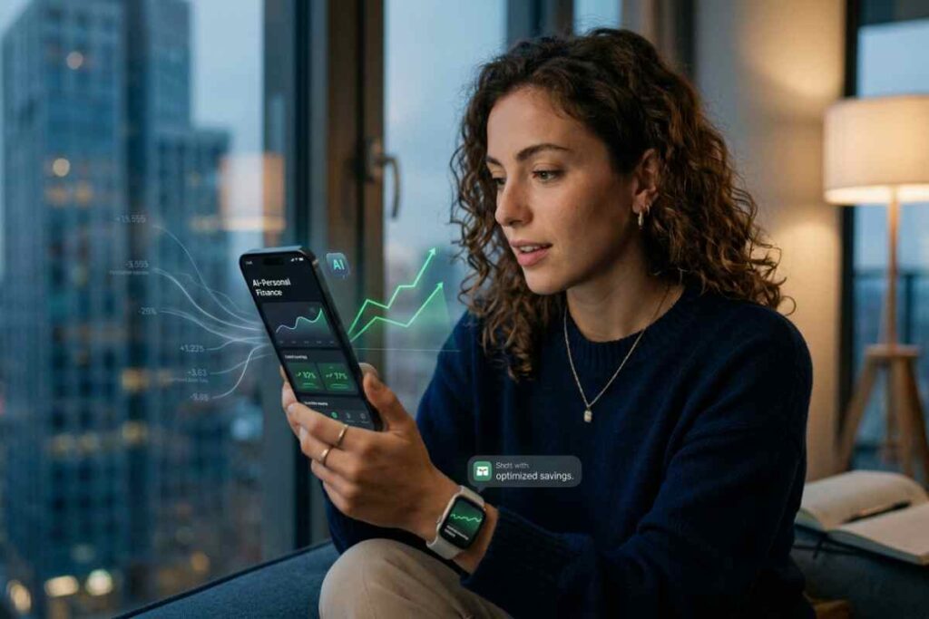 Donna che analizza dati di AI-Personal Finance e risparmio gestito su smartphone in un interno moderno nel 2026.