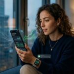 Donna che analizza dati di AI-Personal Finance e risparmio gestito su smartphone in un interno moderno nel 2026.