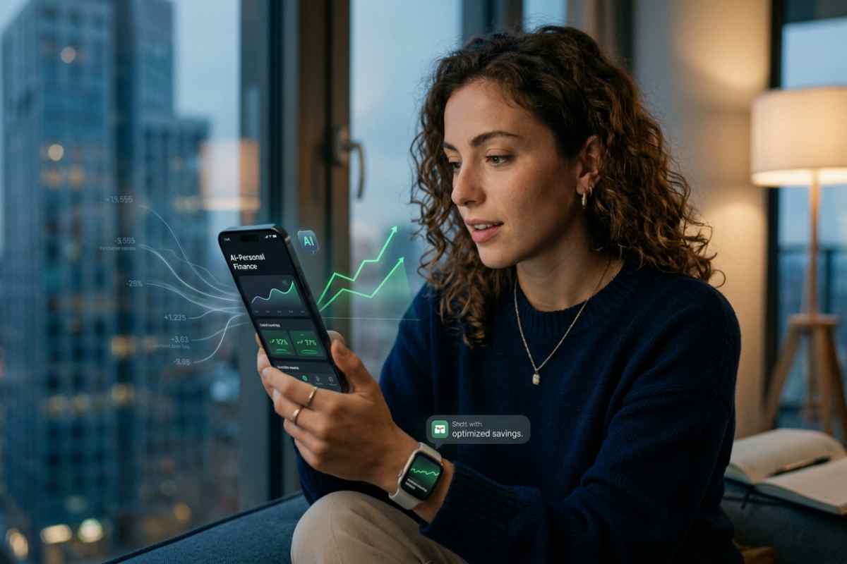 Donna che analizza dati di AI-Personal Finance e risparmio gestito su smartphone in un interno moderno nel 2026.