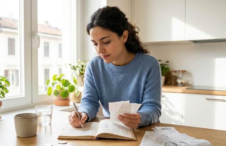 Donna analizza scontrini e monete Euro compilando registro spese manuale.