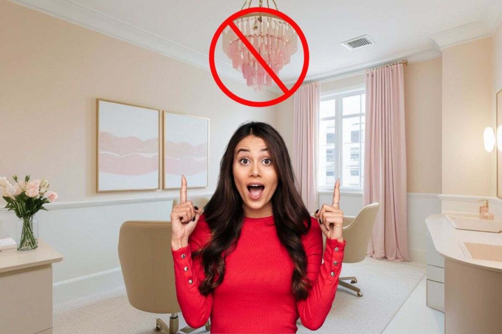 donna stupita che indica un lampadario con un segno che rappresenta un divieto