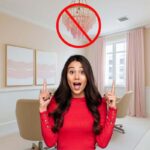 donna stupita che indica un lampadario con un segno che rappresenta un divieto