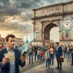 Risparmiatori italiani in una piazza di Roma osservano preoccupati l'asta dei BOT del Tesoro dell'11 marzo 2026 su grafici finanziari digitali.