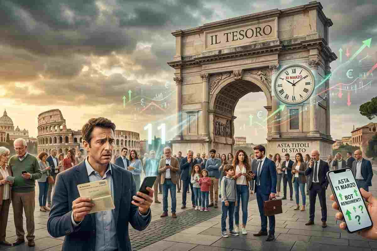 Risparmiatori italiani in una piazza di Roma osservano preoccupati l'asta dei BOT del Tesoro dell'11 marzo 2026 su grafici finanziari digitali.