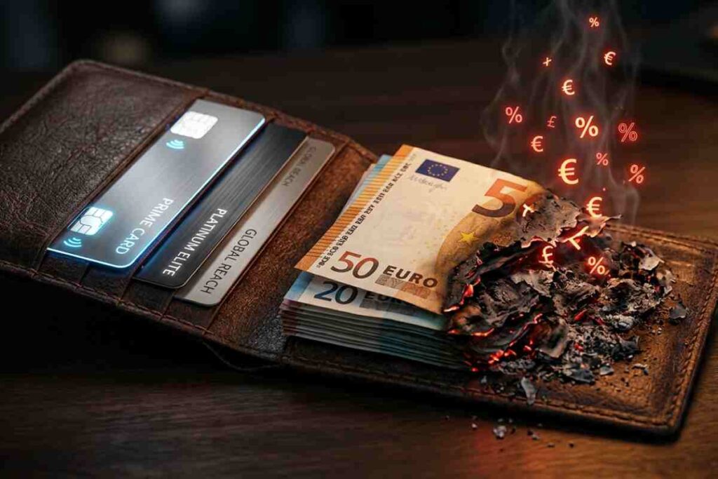 Un portafoglio in pelle aperta mostra carte di credito moderne e integre accanto a banconote da Euro bruciate, dalle quali si alzano simboli di tasse (%) e matematici luminosi, rappresentando il rischio fiscale e la transizione al digitale dei Bonus 2026.