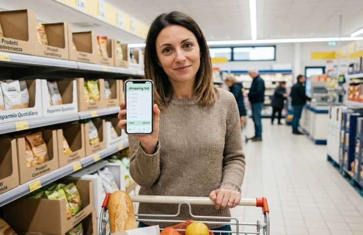 Donna sorridente in un discount italiano, mostra la sua lista della spesa digitale e cartoni a marchio 'Risparmio Quotidiano', suggerendo trucchi per risparmiare sulla spesa al supermercato.