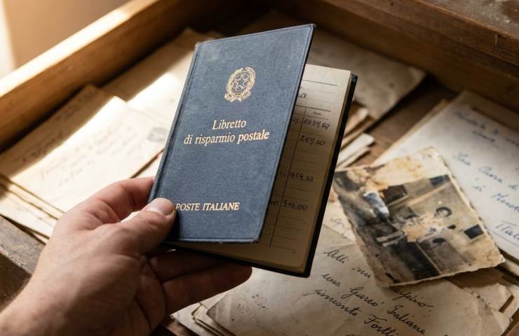 Vecchio libretto di risparmio postale ritrovato in un cassetto tra documenti ingialliti e foto d'epoca.