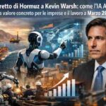 Collage realistico su economia e tecnologia: petroliera nello Stretto di Hormuz, robot IA che analizza dati globali, operai in fabbrica automatizzata e ritratto di Kevin Warsh con grafico di crescita.