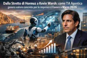 Collage realistico su economia e tecnologia: petroliera nello Stretto di Hormuz, robot IA che analizza dati globali, operai in fabbrica automatizzata e ritratto di Kevin Warsh con grafico di crescita.