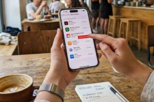 Disdetta abbonamenti app su iPhone per minimalismo finanziario. Foto realistica in un bar con agenda e appunti sul risparmio mensile di €97 nel 2026.