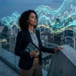 Rappresentazione digitale di una rete neurale luminosa con connessioni di dati blu su sfondo scuro, concetto di Deep Learning con una donna che osserva stupita.