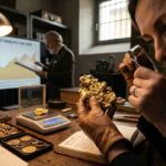 Esperta analizza pepita d'oro con lente d'ingrandimento in un ufficio professionale, con grafici finanziari di marzo 2026 sullo sfondo.