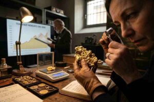 Esperta analizza pepita d'oro con lente d'ingrandimento in un ufficio professionale, con grafici finanziari di marzo 2026 sullo sfondo.