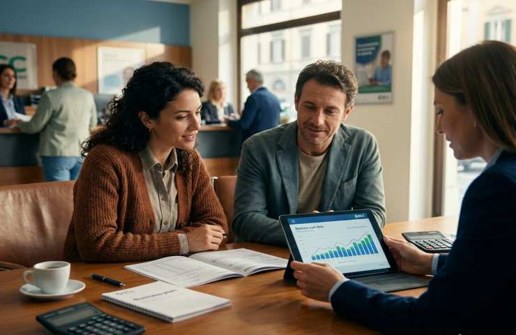Giovane coppia di imprenditori italiani discute la gestione del flusso di cassa e del Conto Corrente BCC Business con una consulente bancaria, analizzando grafici finanziari su un tablet in una filiale accogliente.