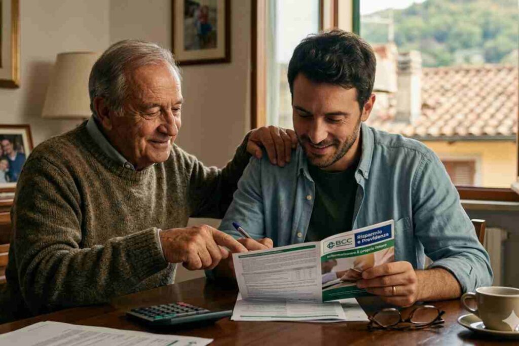 Uomo anziano e giovane che consultano un prospetto del Fondo Pensione BCC Risparmio e Previdenza in un ambiente domestico accogliente, simbolo di sicurezza finanziaria e previdenza complementare.
