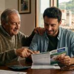 Uomo anziano e giovane che consultano un prospetto del Fondo Pensione BCC Risparmio e Previdenza in un ambiente domestico accogliente, simbolo di sicurezza finanziaria e previdenza complementare.