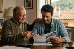 Uomo anziano e giovane che consultano un prospetto del Fondo Pensione BCC Risparmio e Previdenza in un ambiente domestico accogliente, simbolo di sicurezza finanziaria e previdenza complementare.