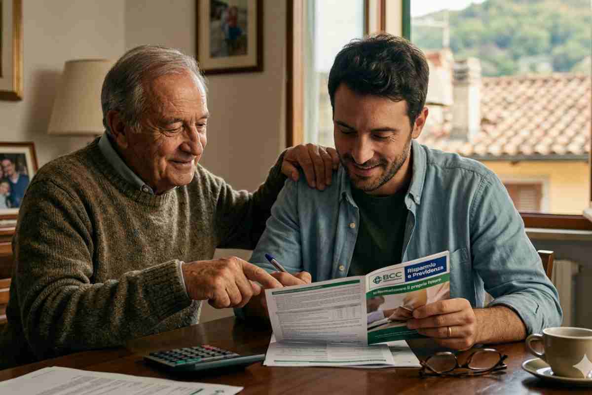 Uomo anziano e giovane che consultano un prospetto del Fondo Pensione BCC Risparmio e Previdenza in un ambiente domestico accogliente, simbolo di sicurezza finanziaria e previdenza complementare.