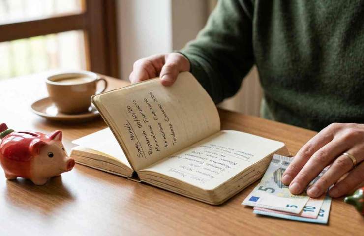 Persona che pianifica il risparmio mensile su un taccuino con banconote in Euro e salvadanaio: guida pratica al minimalismo finanziario.