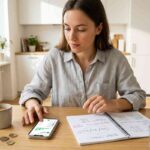 Donna usa app di home banking e budget 50/30/20 su smartphone e taccuino.