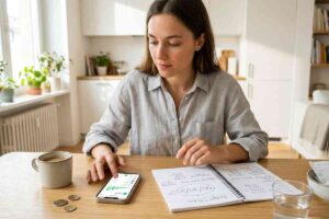 Donna usa app di home banking e budget 50/30/20 su smartphone e taccuino.