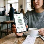 Smartphone con app di banking che mostra un risparmio mensile di 120 euro, scontrino della spesa e tazzina di caffè sul tavolo di un bar.