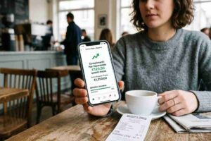 Smartphone con app di banking che mostra un risparmio mensile di 120 euro, scontrino della spesa e tazzina di caffè sul tavolo di un bar.