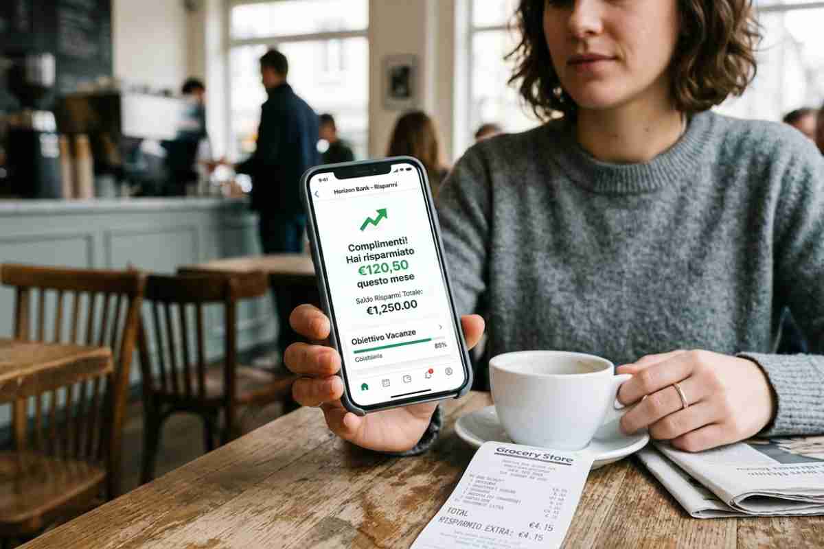 Smartphone con app di banking che mostra un risparmio mensile di 120 euro, scontrino della spesa e tazzina di caffè sul tavolo di un bar.