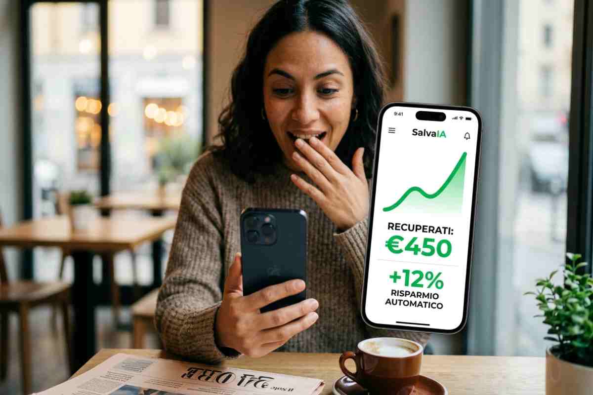 Donna sorpresa guarda app di budgeting su smartphone che mostra un risparmio di 450 euro tramite intelligenza artificiale.