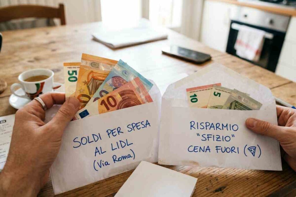Guida al Cash Stuffing 2026: mani che dividono banconote Euro in buste di carta per risparmiare sulla spesa al Lidl e cene fuori.