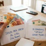 Guida al Cash Stuffing 2026: mani che dividono banconote Euro in buste di carta per risparmiare sulla spesa al Lidl e cene fuori.