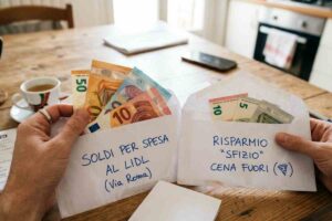 Guida al Cash Stuffing 2026: mani che dividono banconote Euro in buste di carta per risparmiare sulla spesa al Lidl e cene fuori.