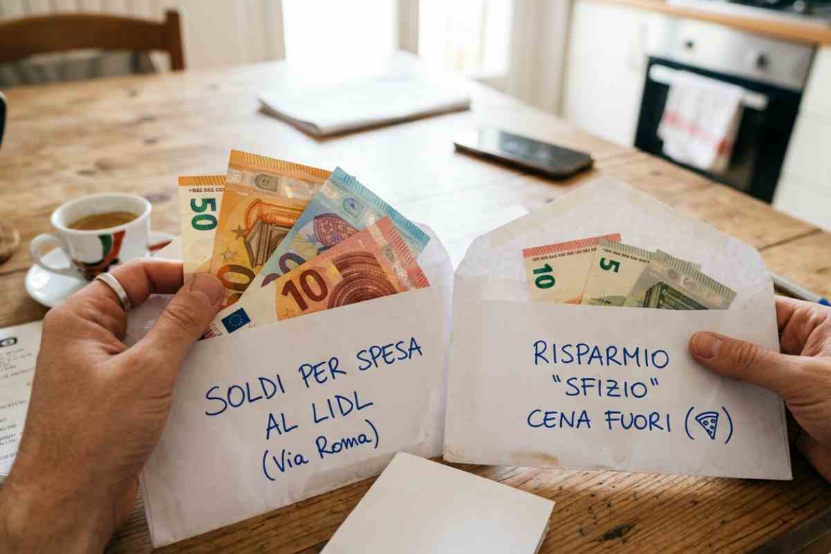Guida al Cash Stuffing 2026: mani che dividono banconote Euro in buste di carta per risparmiare sulla spesa al Lidl e cene fuori.