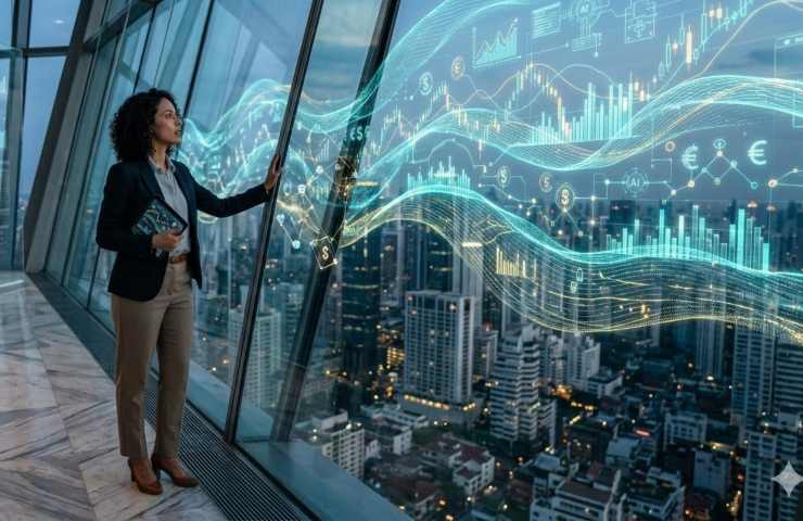 Donna vestita casual che guarda una rappresentazione digitale di una rete neurale luminosa con connessioni di dati blu su sfondo scuro, concetto di Deep Learning.