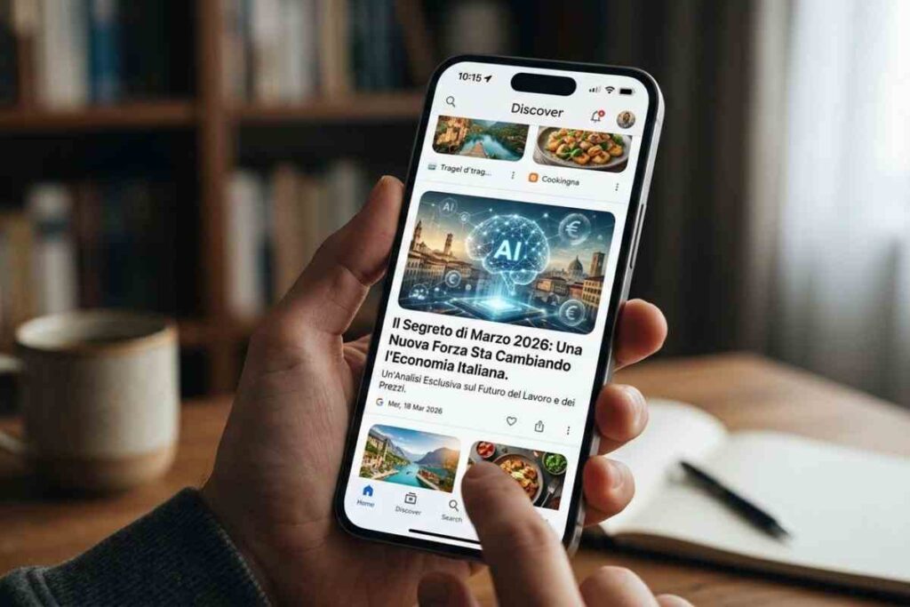Primo piano di un uomo che scorre il feed di Google Discover su uno smartphone illuminato, mostrando un articolo di tendenza intitolato 'Il Segreto di Marzo 2026: Una Nuova Forza Sta Cambiando l'Economia Italiana', con un grafico stilizzato che unisce tecnologia e architettura italiana.