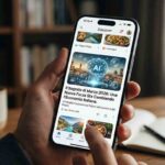 Primo piano di un uomo che scorre il feed di Google Discover su uno smartphone illuminato, mostrando un articolo di tendenza intitolato 'Il Segreto di Marzo 2026: Una Nuova Forza Sta Cambiando l'Economia Italiana', con un grafico stilizzato che unisce tecnologia e architettura italiana.