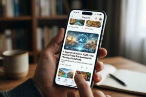 Primo piano di un uomo che scorre il feed di Google Discover su uno smartphone illuminato, mostrando un articolo di tendenza intitolato 'Il Segreto di Marzo 2026: Una Nuova Forza Sta Cambiando l'Economia Italiana', con un grafico stilizzato che unisce tecnologia e architettura italiana.