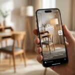 Social Shopping e Realtà Aumentata 2026: visualizzazione lampada scandinava AR in salotto su smartphone.
